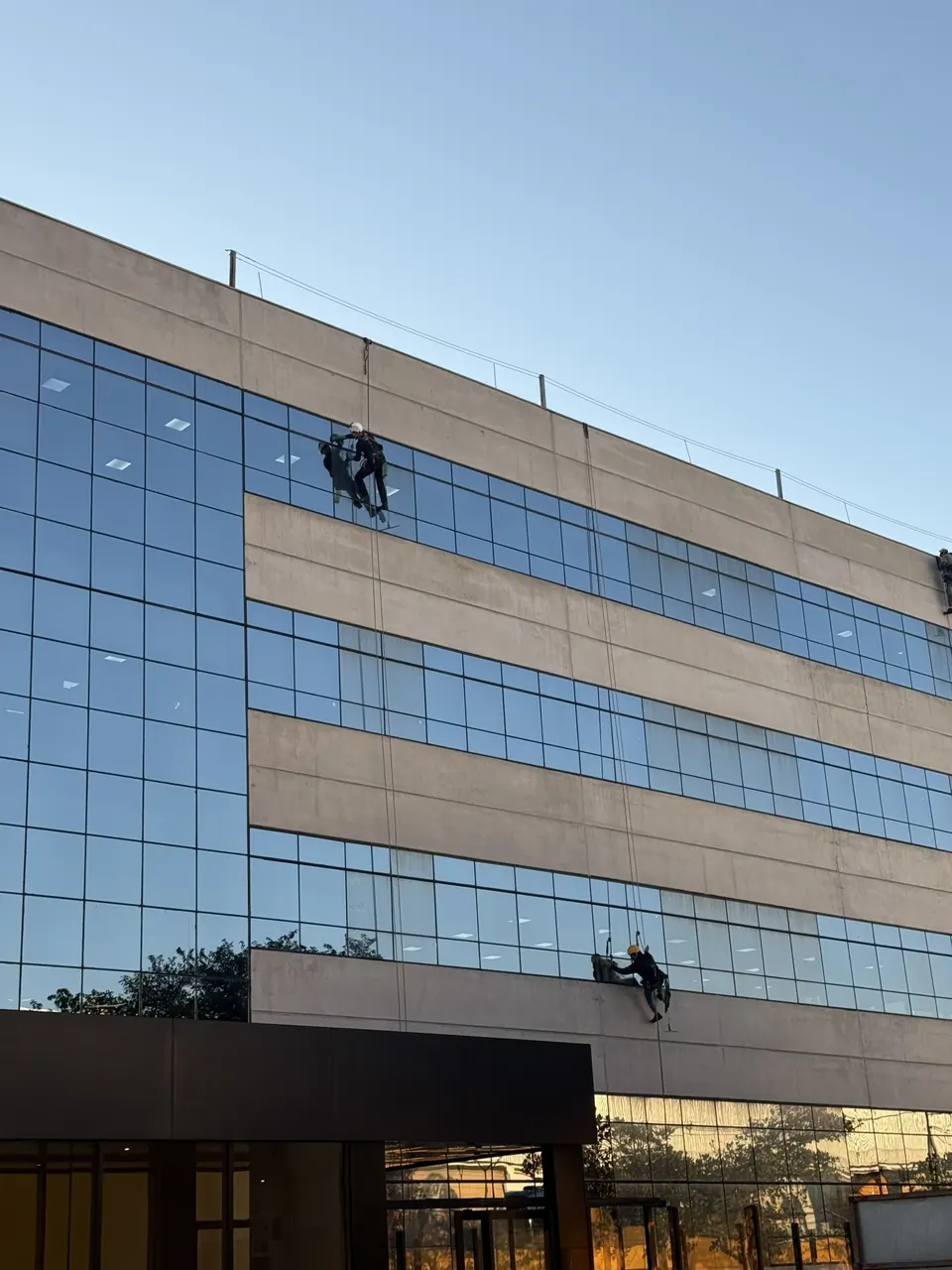 Técnicos em acesso por corda limpando os vidros da fachada da Adimax
