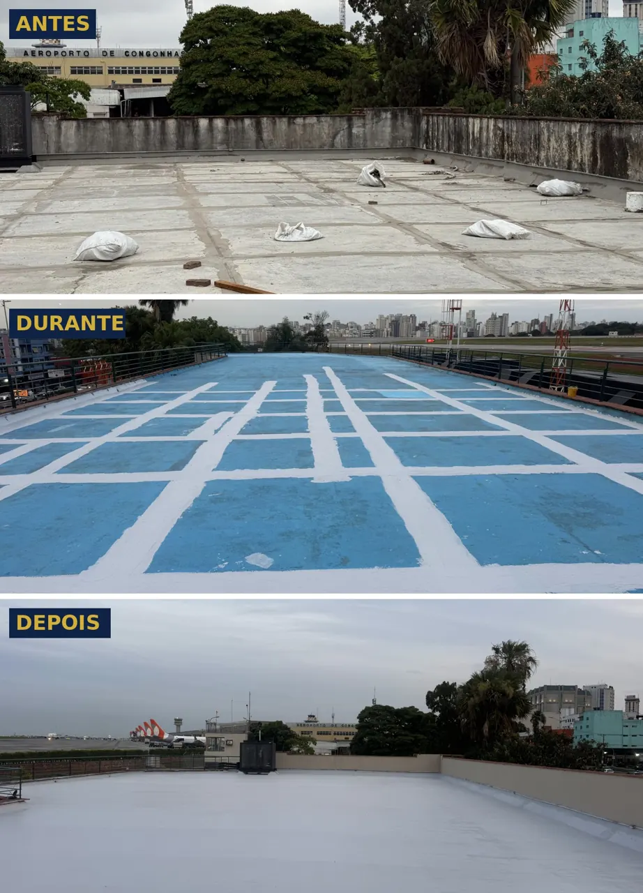 Laje do Palácio das Autoridades antes, durante e depois da impermeabilização