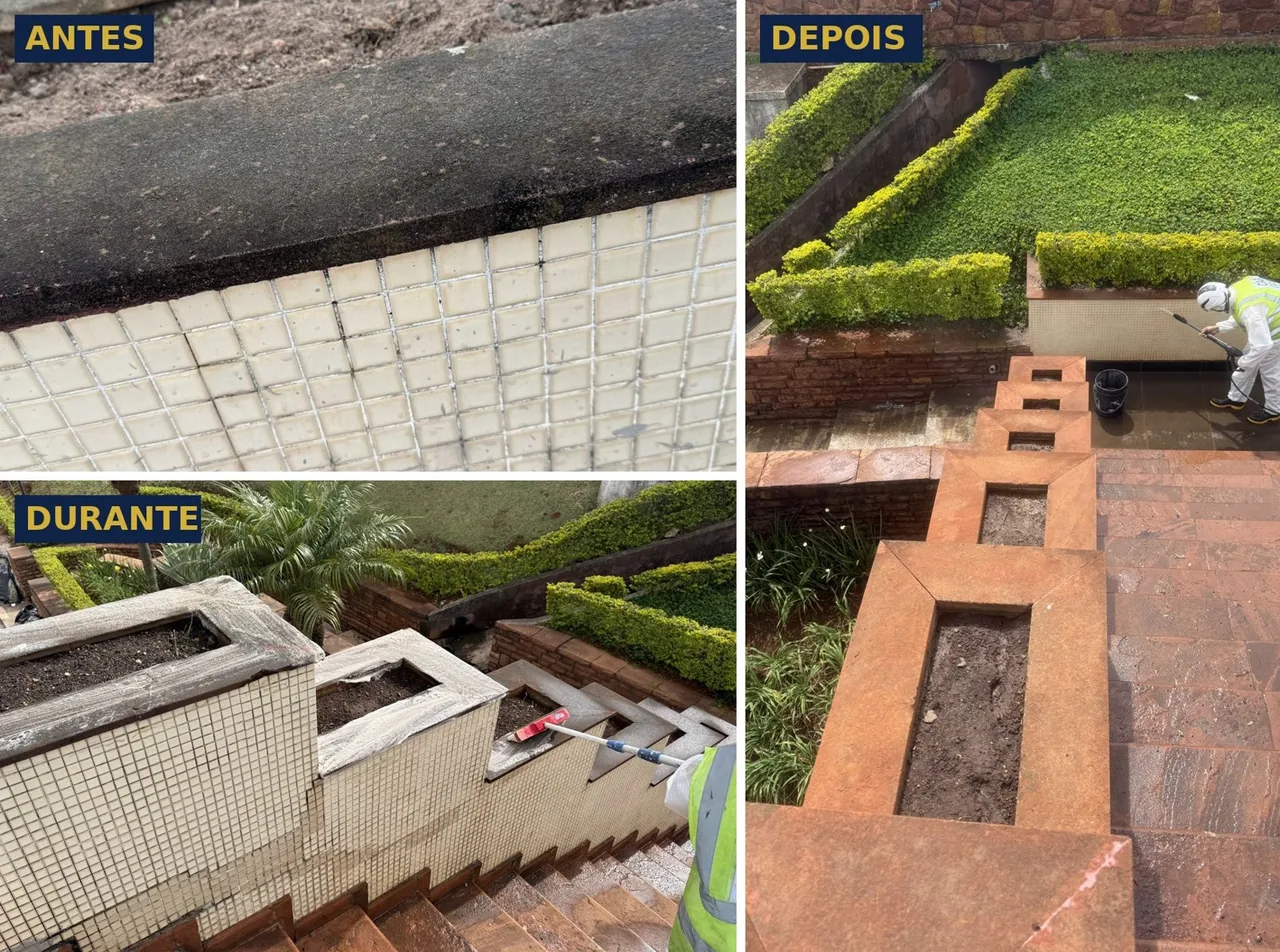 Muretas com pastilha e capa de pedra antes, durante e depois da limpeza química
