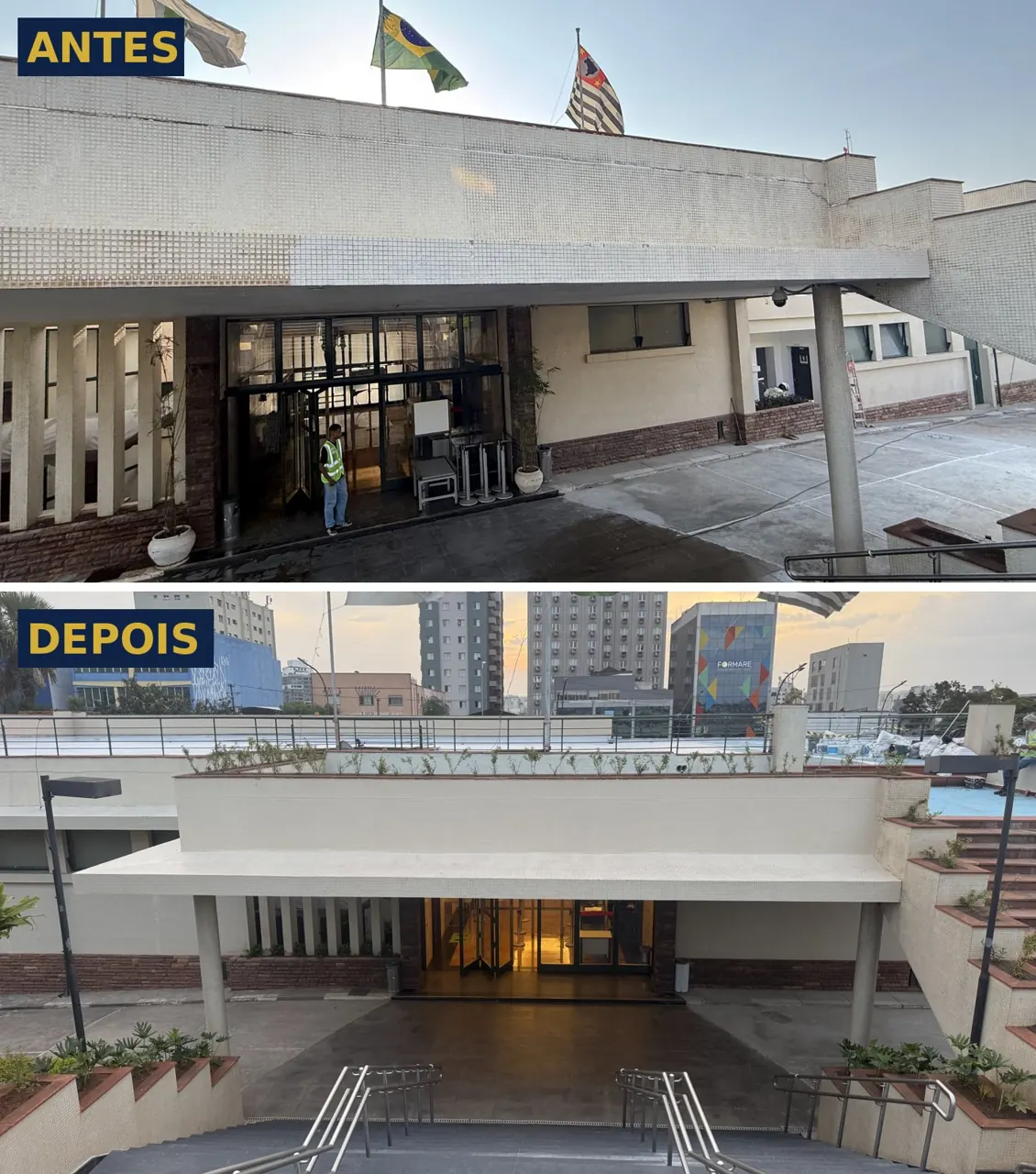 Fachada do Palácio das Autoridades em Congonhas antes e depois da recuperação de pastilhas