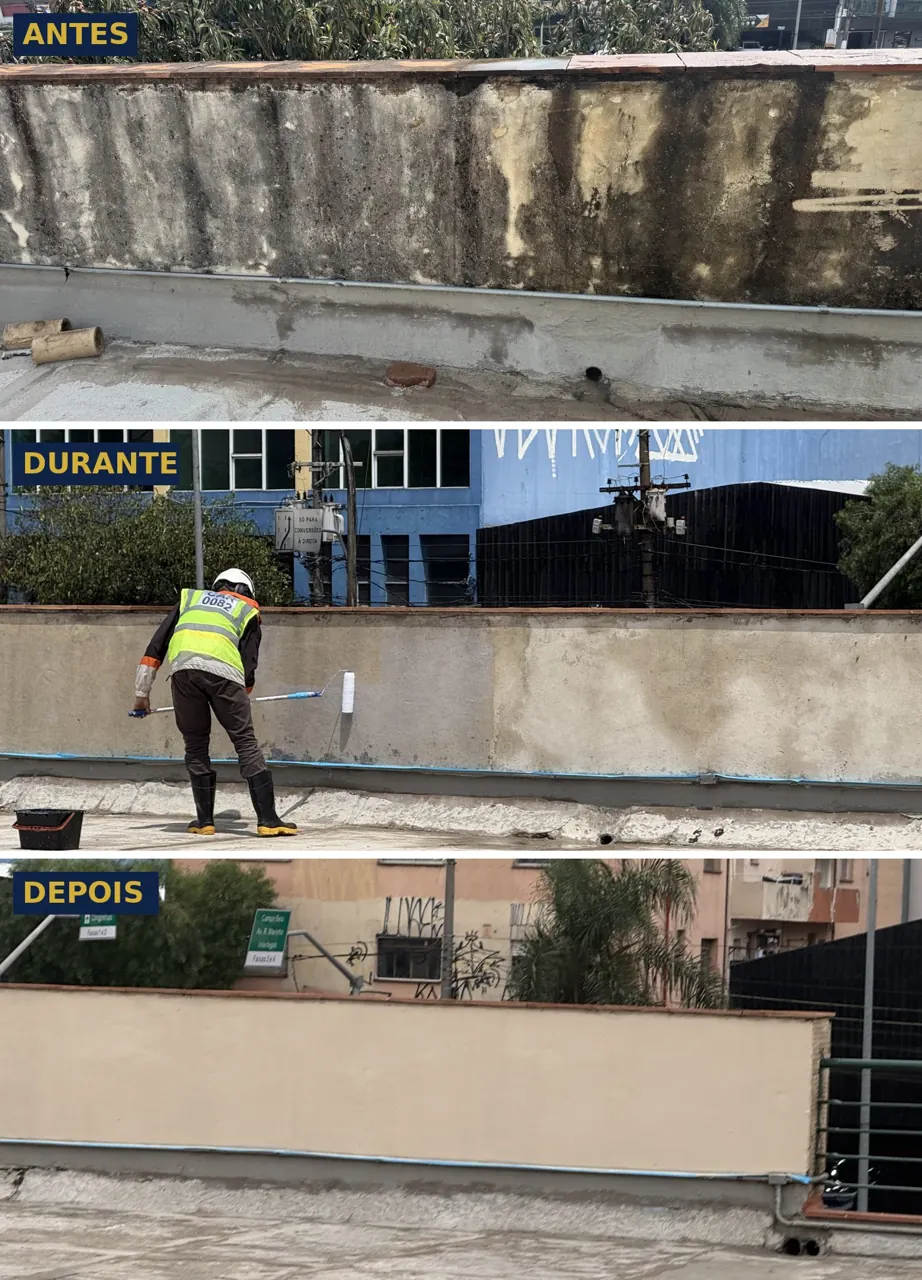 Mureta da laje do Palácio das Autoridades antes, durante e depois da recuperação