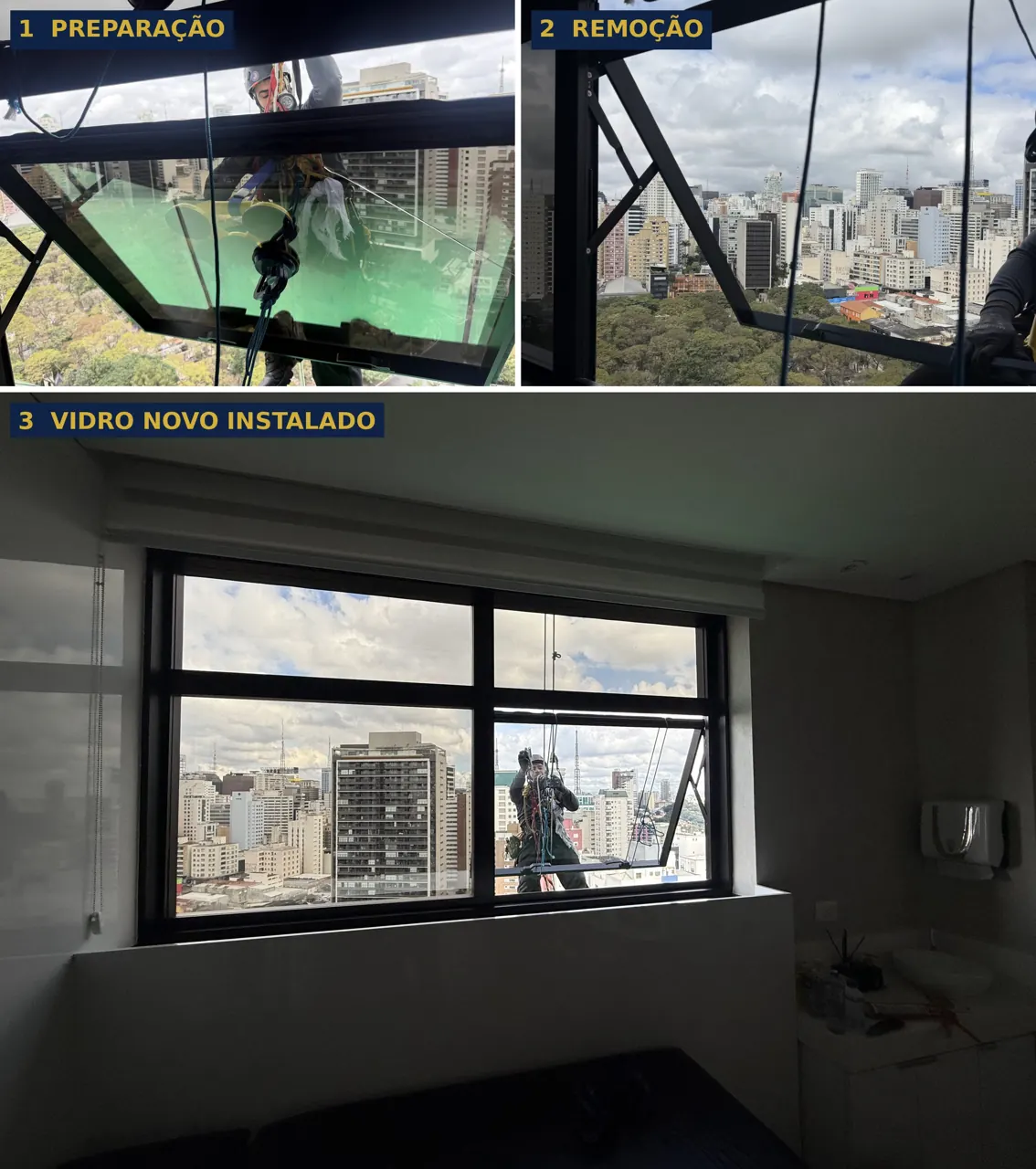 Técnico em acesso por corda preparando com ventosas, removendo e instalando o vidro novo na fachada do Fleury na Consolação